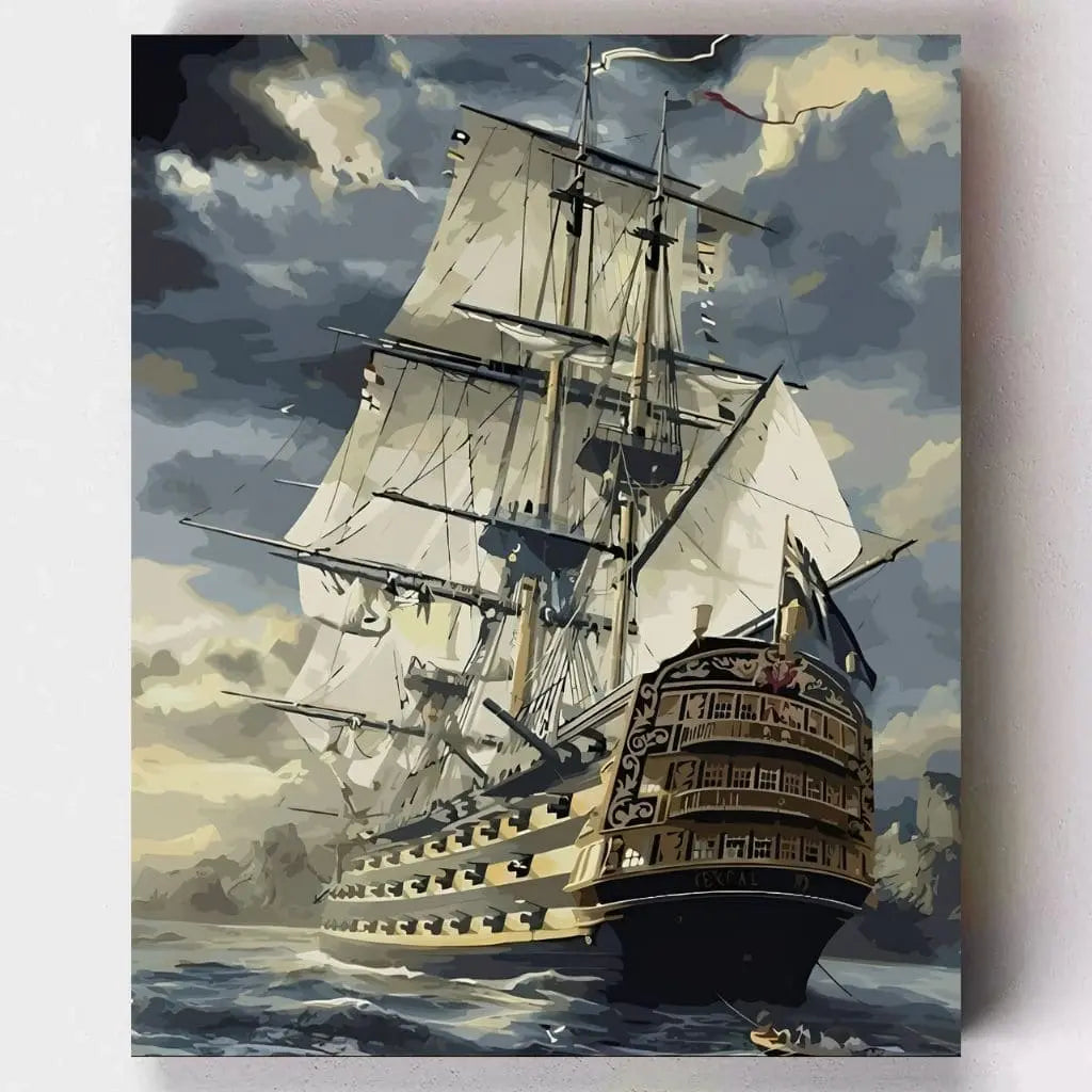 DIY Malen nach Zahlen – Historisches Segelschiff vor dramatischem Himmel auf Leinwand malen – für kreative Abenteuerlust & maritime Deko – Artyroom.shop