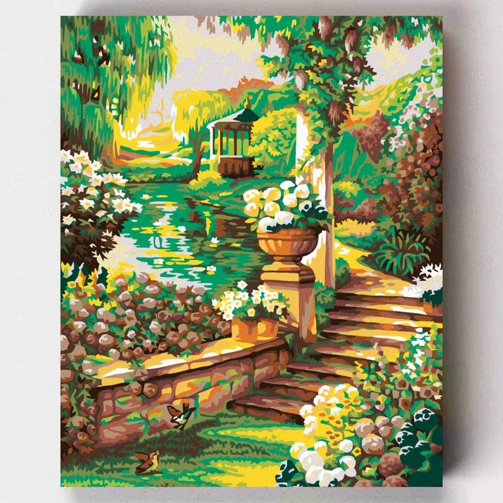 DIY Malen nach Zahlen – Blühender Sommergarten mit Pavillon & Teich – Artyroom.shop