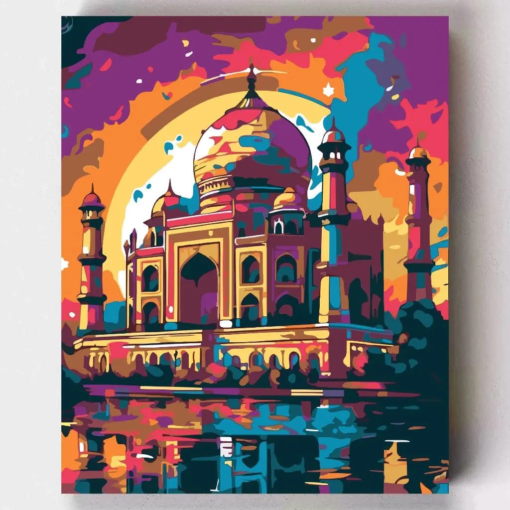 DIY Malen nach Zahlen – Farbiges Taj Mahal Illustration bei Sonnenuntergang auf Leinwand malen – ein exotisches Kunstwerk zum Entspannen – nur bei Artyroom.shop