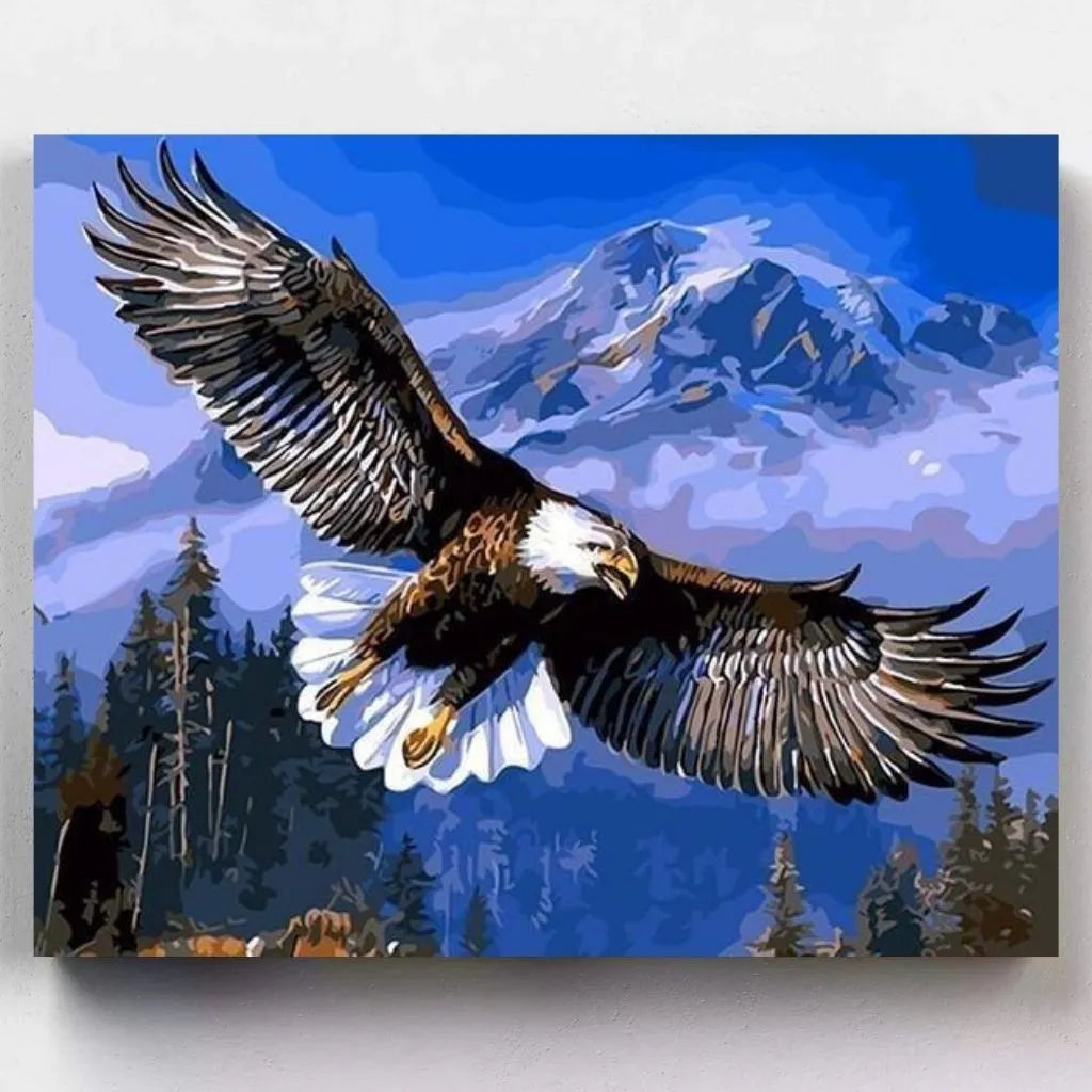 DIY Malen nach Zahlen – Adler über Berglandschaft fliegend auf Leinwand malen – Symbol für Stärke & Freiheit – exklusiv bei Artyroom.shop