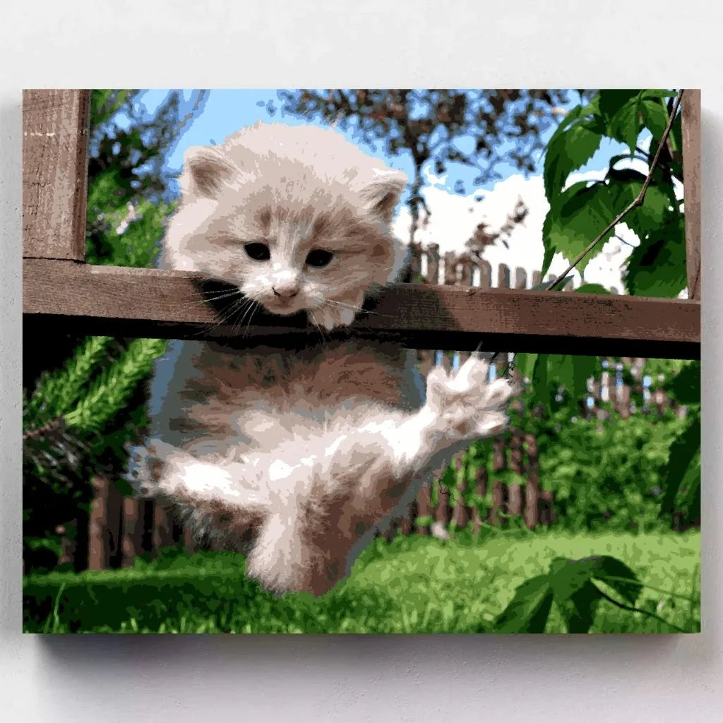 DIY Malen nach Zahlen – Niedliches Kätzchen klettert durch einen Holzzaun in den Garten – für Katzenliebhaber & kreative Achtsamkeit – nur bei Artyroom.shop