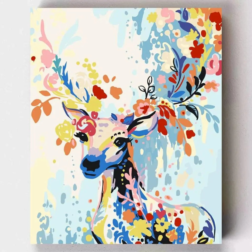 DIY Malen nach Zahlen – Farbenfroher Hirsch mit floralen Mustern auf Leinwand malen – für Naturfreunde & kreative Achtsamkeit – nur bei Artyroom.shop