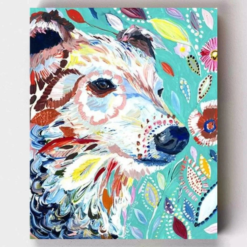 DIY Malen nach Zahlen – Farbenprächtiger Wolf im Indianer-Stil auf Leinwand malen – ein kreatives Tiermotiv voller Ausdruck & Harmonie – nur bei Artyroom.shop