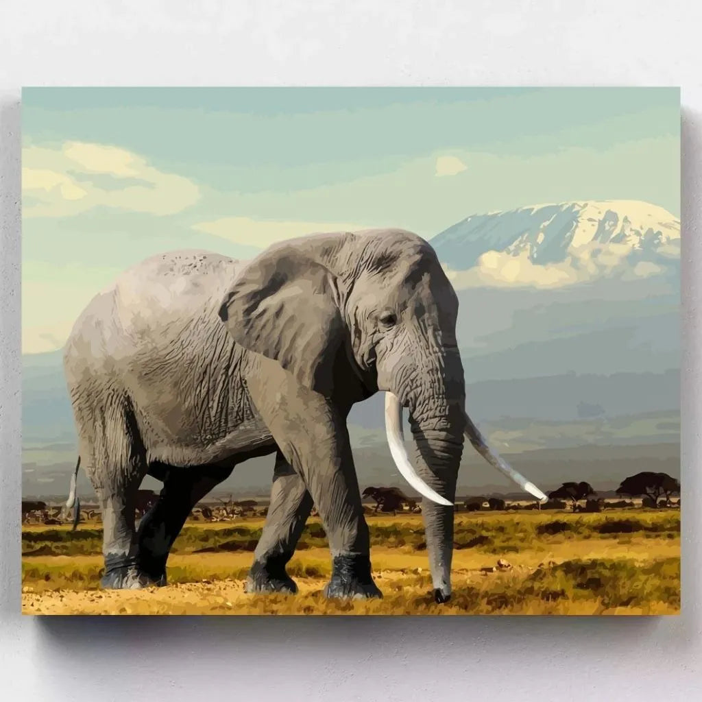 DIY Malen nach Zahlen – Elefant vor dem Kilimandscharo in afrikanischer Landschaft auf Leinwand malen – majestätisches Motiv für Naturliebhaber – nur bei Artyroom.shop