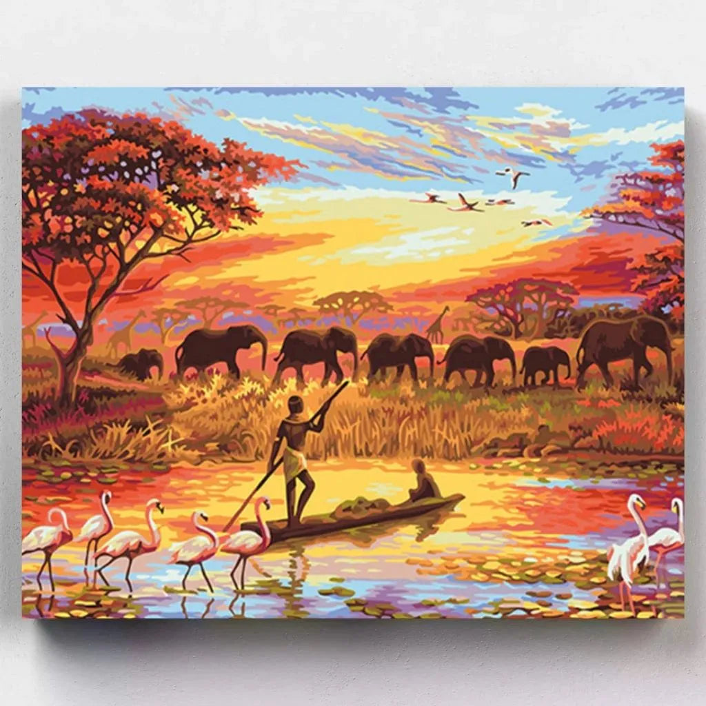 DIY Malen nach Zahlen – Sonnenuntergang mit Elefanten & Flamingos auf Leinwand malen – afrikanische Savanne als farbenfrohes Kunstwerk – nur bei Artyroom.shop