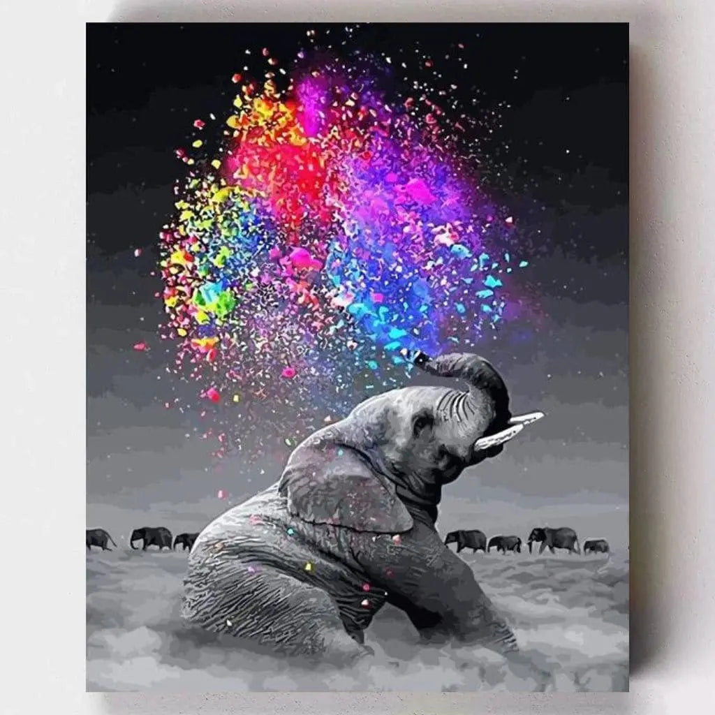 DIY Malen nach Zahlen – Elefant in Schwarz-Weiß mit bunter Farbexplosion kreativ gestalten – für Tierfreunde & meditative Malmomente – nur bei Artyroom.shop