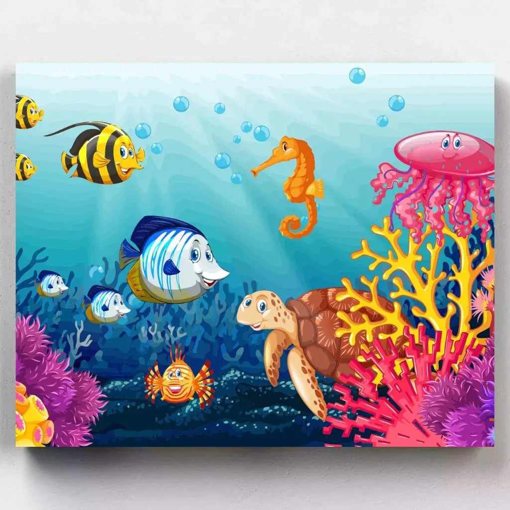 DIY Malen nach Zahlen – Bunte Meeresbewohner im Cartoon-Stil auf Leinwand malen – fröhliche Unterwasserwelt für Kinder – nur bei Artyroom.shop