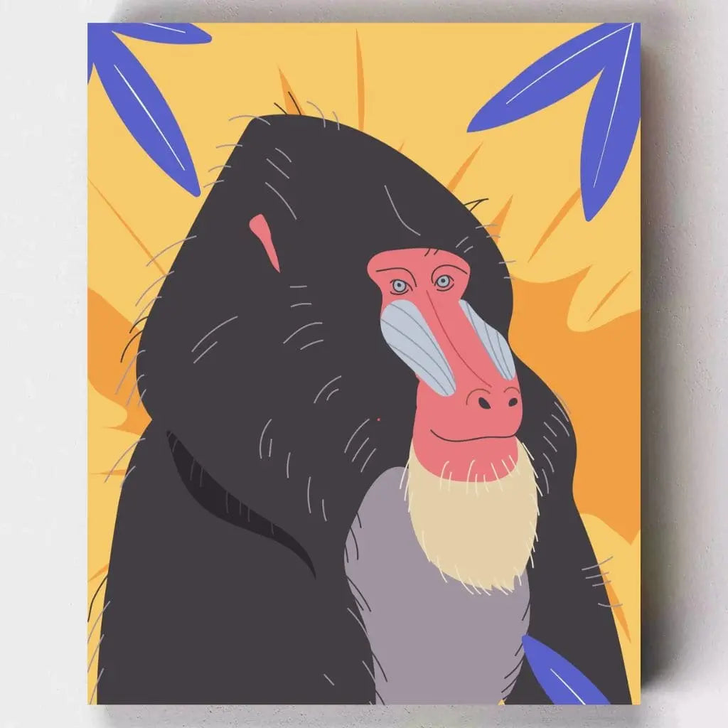 DIY Malen nach Zahlen – Farbenfrohes Pavian-Porträt Illustration in Pop-Art-Optik auf Leinwand malen – ein tropischer Hingucker für dein Zuhause – exklusiv bei Artyroom.shop