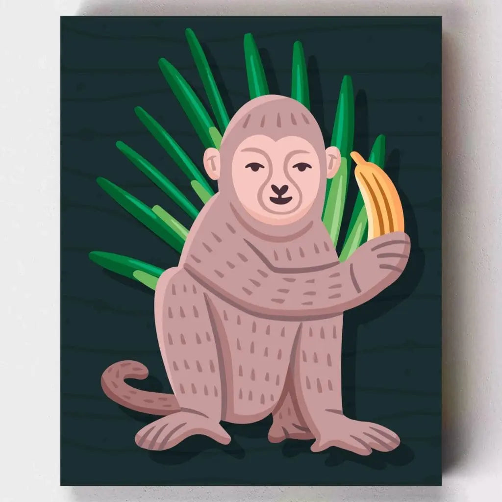 DIY Malen nach Zahlen – Fröhlicher Affe mit Banane im Dschungel Illustration auf Leinwand malen – ideal für Kinder & Tierfreunde – nur bei Artyroom.shop
