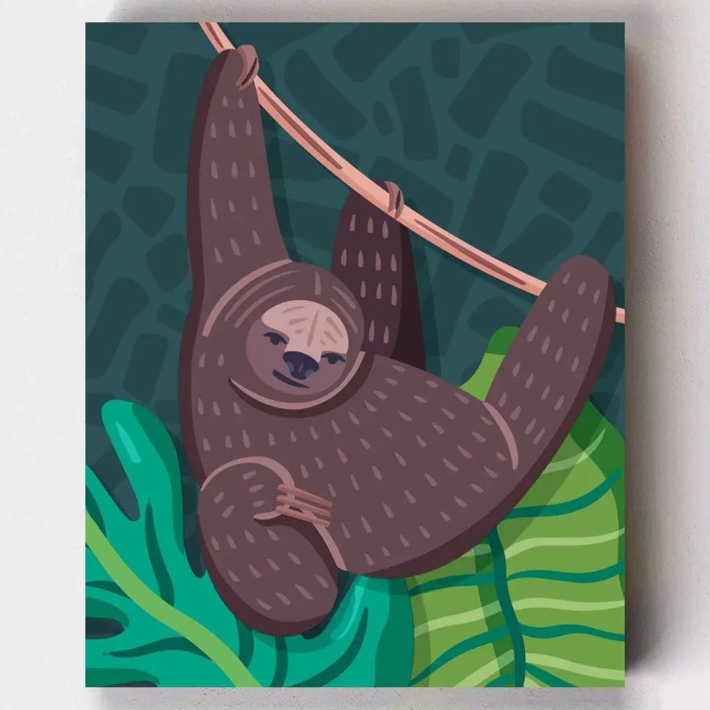 DIY Malen nach Zahlen – Lustiges Faultier auf Ast über tropischem Blätterhintergrund malen – entspannte Tierillustration zum Selbermalen – nur bei Artyroom.shop