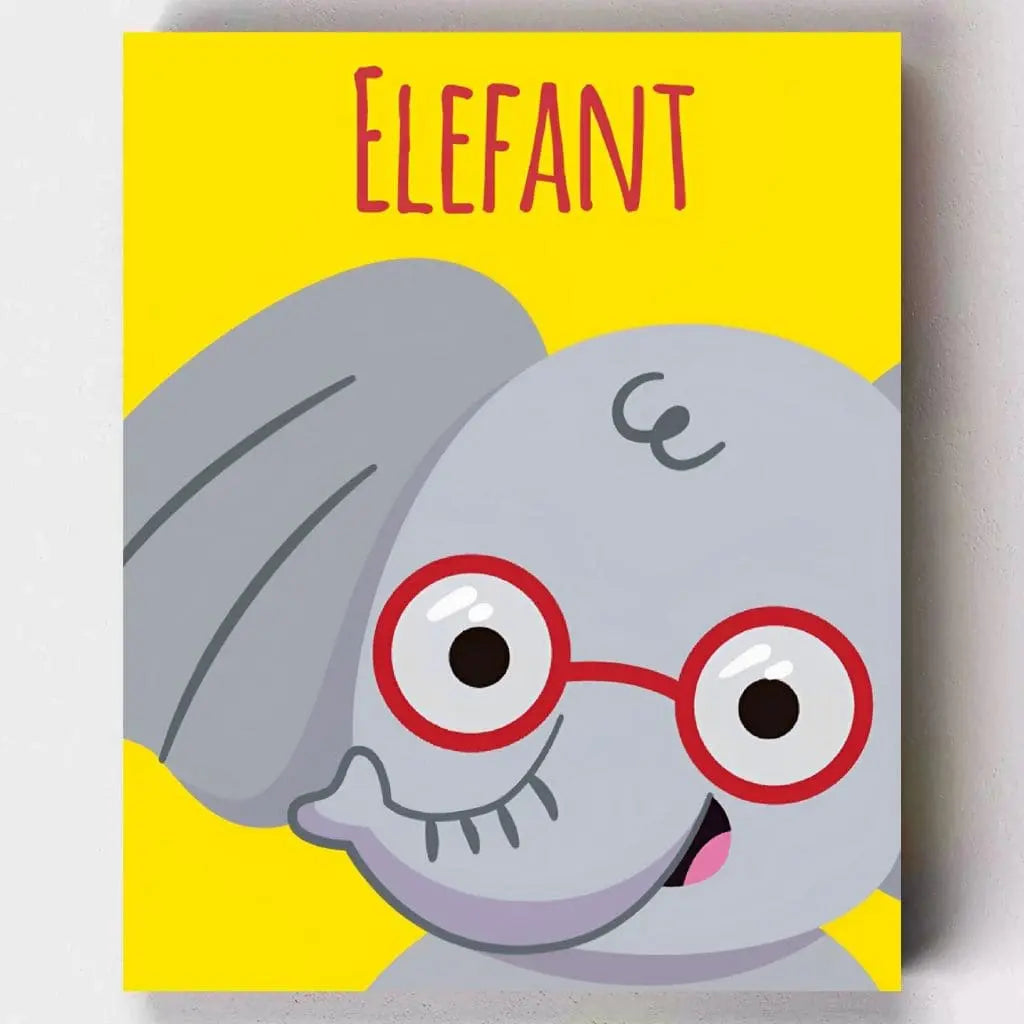 DIY Malen nach Zahlen – Fröhlicher Elefant mit roter Brille auf Leinwand malen – für Kinder & kleine Elefantenfans – nur bei Artyroom.shop