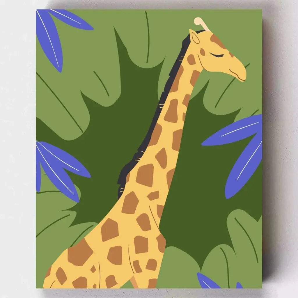 DIY Malen nach Zahlen – Illustration –Entspannte Giraffe zwischen Blättern auf Leinwand malen – stilvoll, beruhigend & kindgerecht – nur bei Artyroom.shop