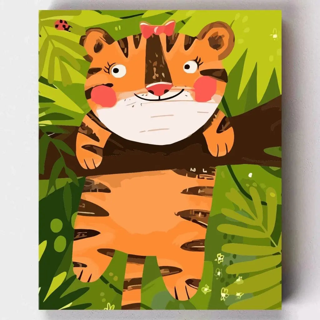 DIY Malen nach Zahlen – Niedlicher Tiger mit Schleife im Dschungel auf Leinwand malen – kreatives Tiermotiv für Kinder – nur bei Artyroom.shop