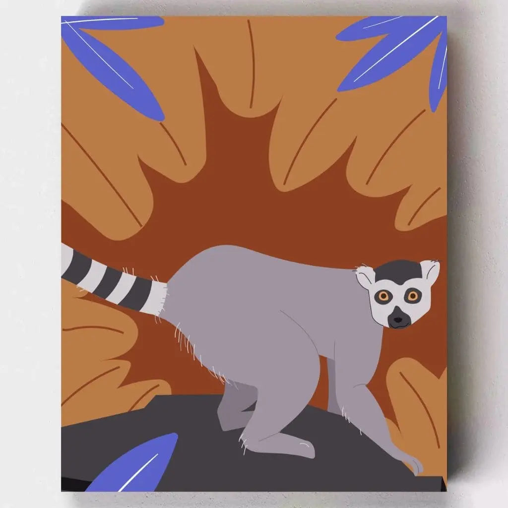 DIY Malen nach Zahlen – Neugieriger Lemur als stilisierte Tierillustration auf Leinwand malen – exotisch, verspielt & kreativ entspannend – nur bei Artyroom.shop
