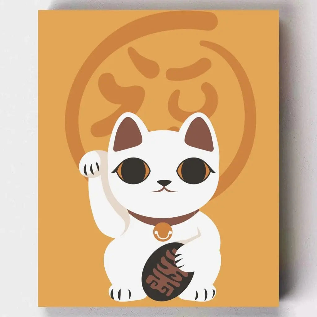 DIY Malen nach Zahlen – Glückskatze (Maneki-Neko) mit erhobener Pfote und Symbol auf Leinwand malen – fernöstlicher Charme & Glücksbringer – nur bei Artyroom.shop