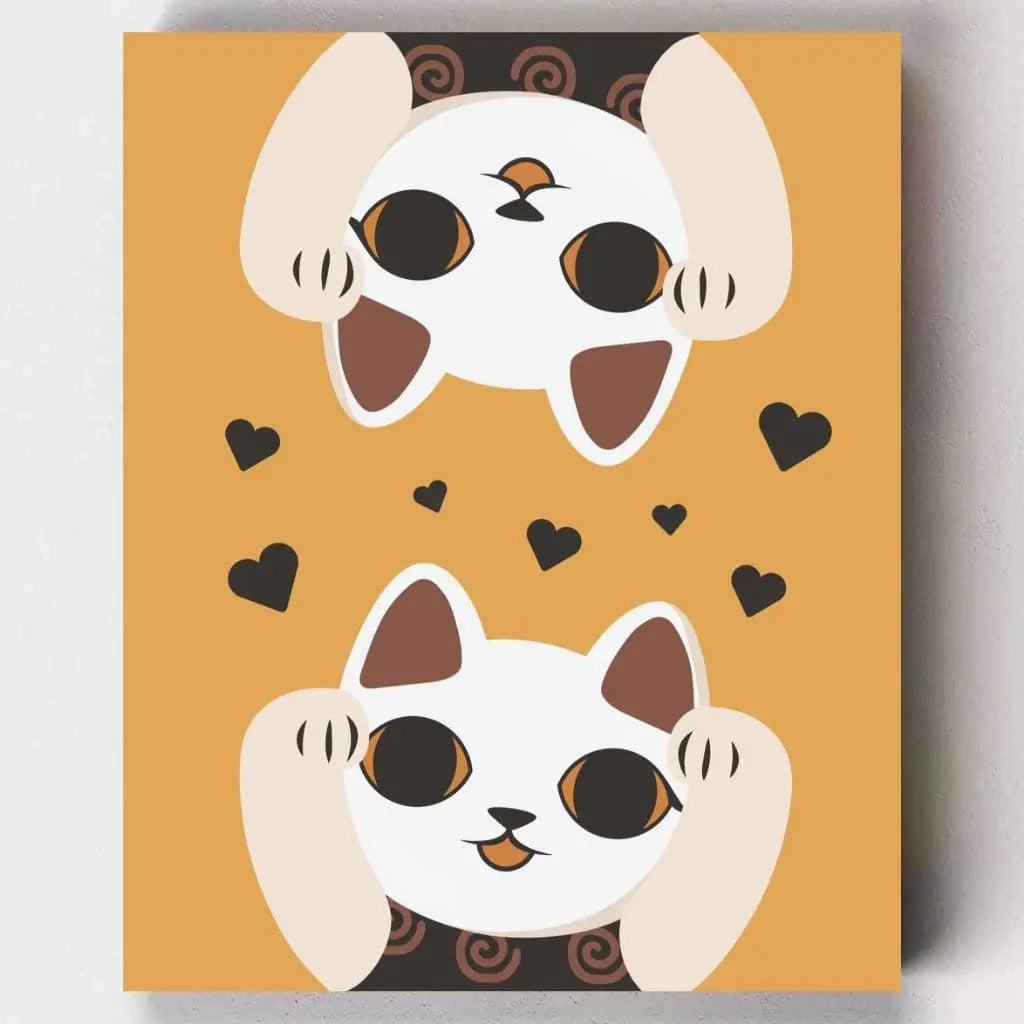 DIY Malen nach Zahlen – zwei süße Lucky Cats mit Herzen in warmen Farben auf Leinwand malen – asiatisch inspiriertes Katzenmotiv – exklusiv bei Artyroom.shop