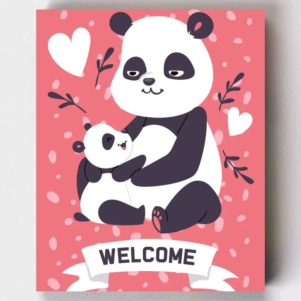 DIY Malen nach Zahlen – Liebevoller Panda mit Baby auf rosa pink Hintergrund mit Herzen – kreative Familienzeit & süßes Kinderzimmerbild – nur bei Artyroom.shop