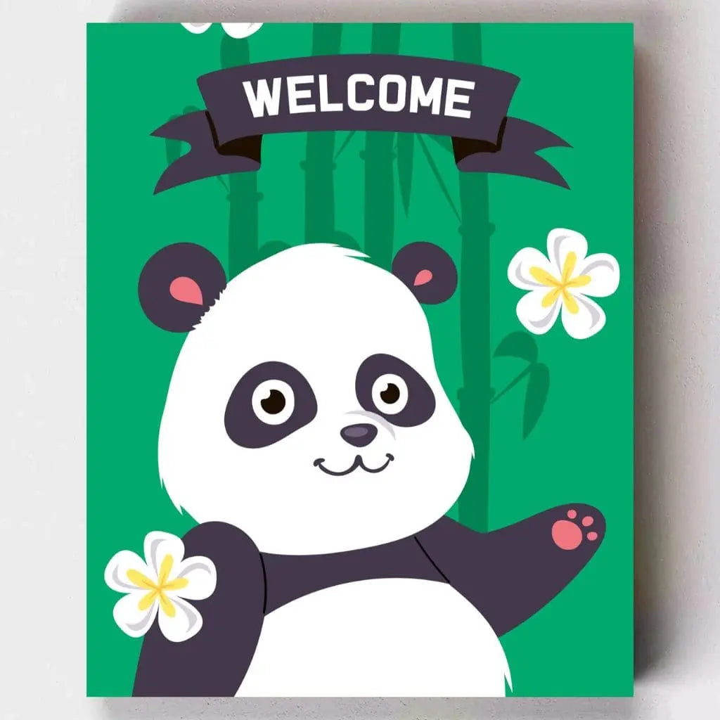 DIY Malen nach Zahlen – Freundlicher Panda mit Lotusblumen auf grünem Hintergrund – kreativer Malspaß für Kinder – nur bei Artyroom.shop