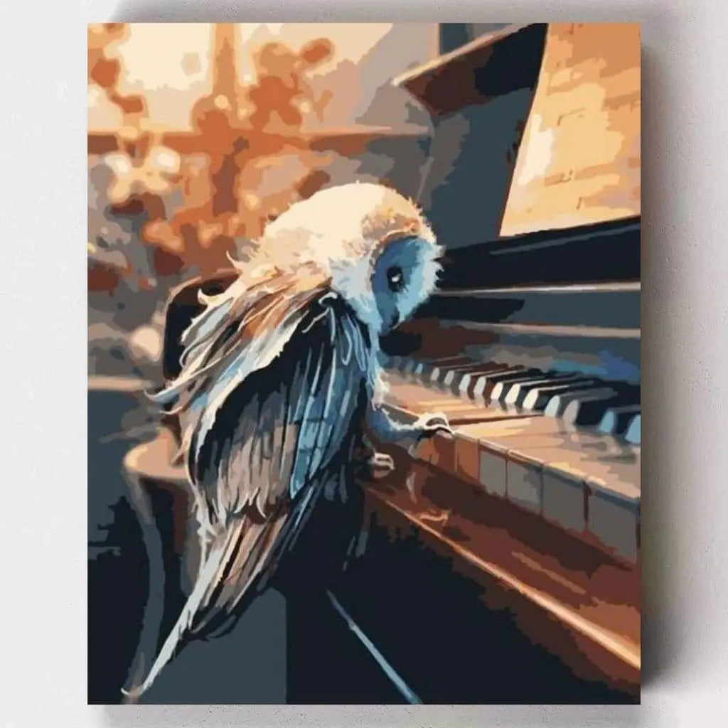 DIY Malen nach Zahlen – Eule am Klavier in magischem Licht auf Leinwand malen – musikalisches Tiermotiv für kreative Entspannung – nur bei Artyroom.shop