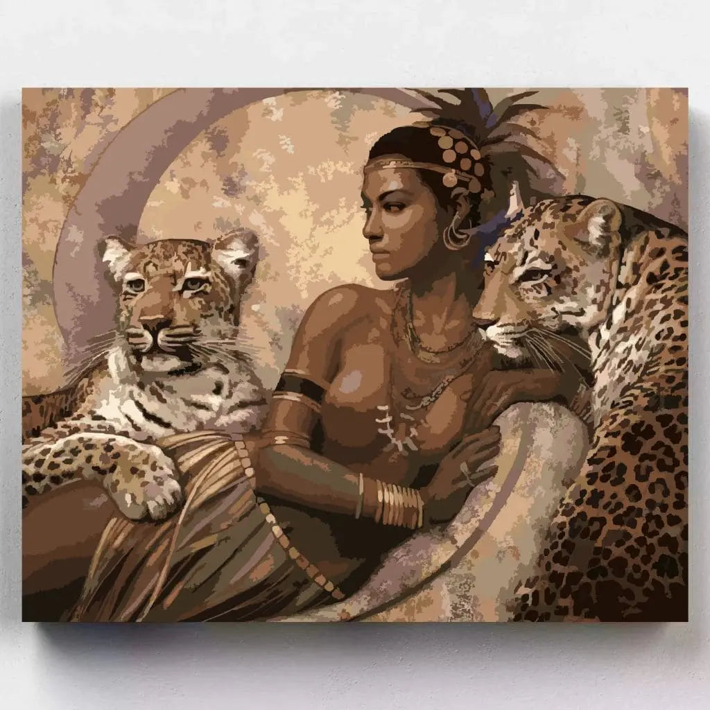 DIY Malen nach Zahlen – Königin mit Leoparden in erdigen Tönen – Artyroom.shop