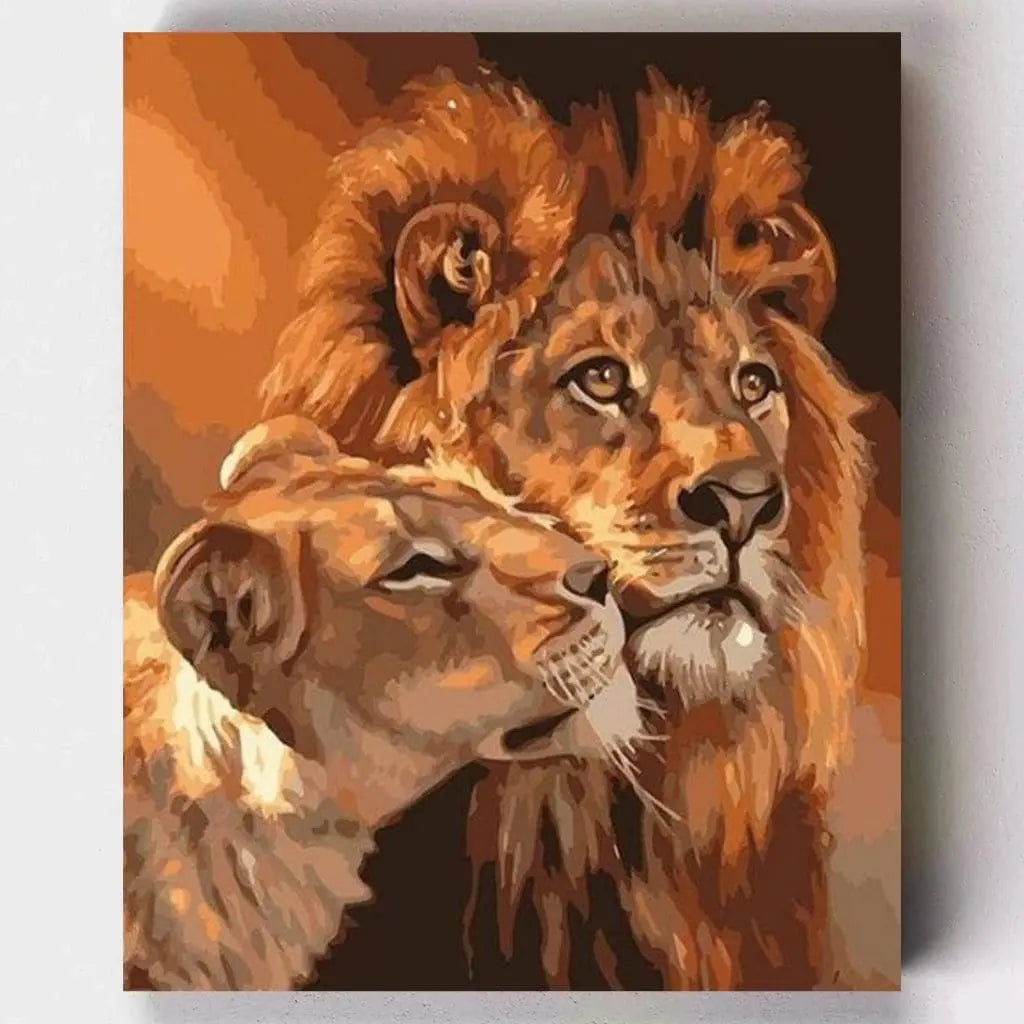 DIY Malen nach Zahlen – Löwen Liebespaar in inniger Pose auf Leinwand malen – emotionale Tierliebe & kreative Entspannung – nur bei Artyroom.shop