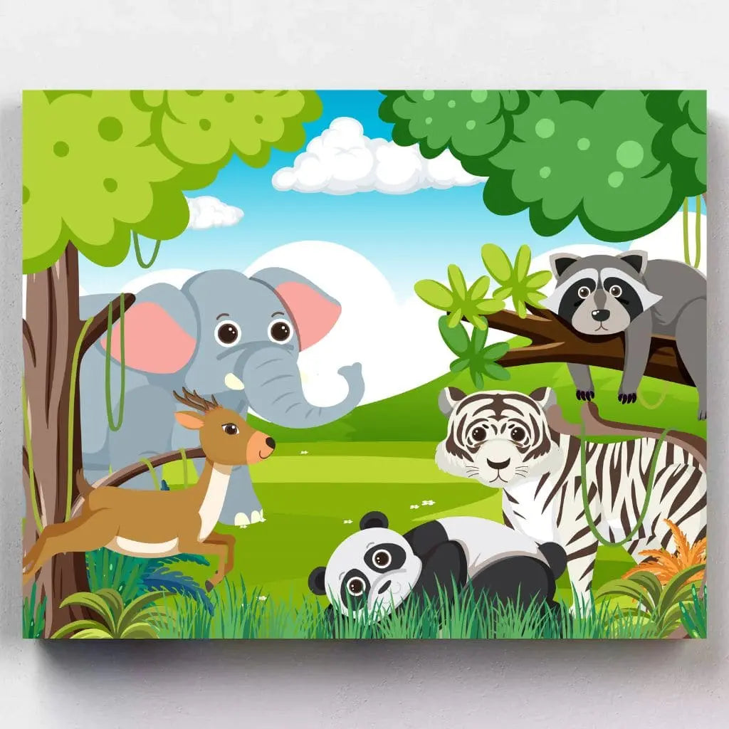 DIY Malen nach Zahlen – Fröhliche Dschungeltiere wie Elefant, Panda & Tiger auf Leinwand malen – kreative Auszeit für Kinder – nur bei Artyroom.shop