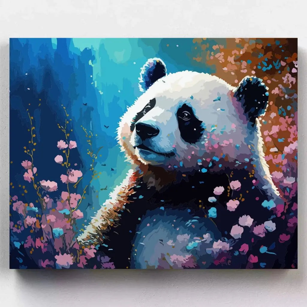 DIY Malen nach Zahlen – Sanfter Panda im blühenden Kirschgarten auf Leinwand malen – perfekte Harmonie zwischen Tierliebe & Farbenspiel – exklusiv bei Artyroom.shop