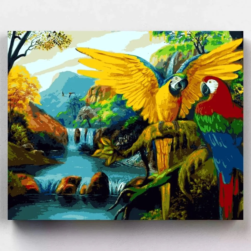 DIY Malen nach Zahlen – Bunte Papageien im tropischen Dschungel auf Leinwand malen – farbenfrohe Exotik & Naturerlebnis – nur bei Artyroom.shop