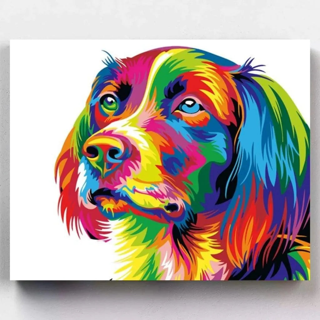 DIY Malen nach Zahlen – Bunter Pop Art Hund in Regenbogenfarben auf Leinwand malen – für Hundefans & kreative Achtsamkeit – nur bei Artyroom.shop