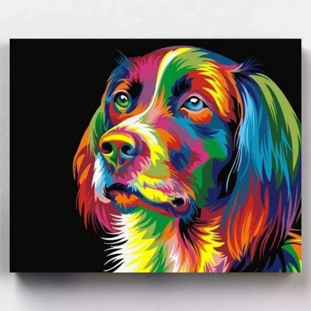 DIY Malen nach Zahlen – Bunter Pop Art Hund auf schwarzem Hintergrund malen – für Tierfreunde & kreative Auszeit – nur bei Artyroom.shop