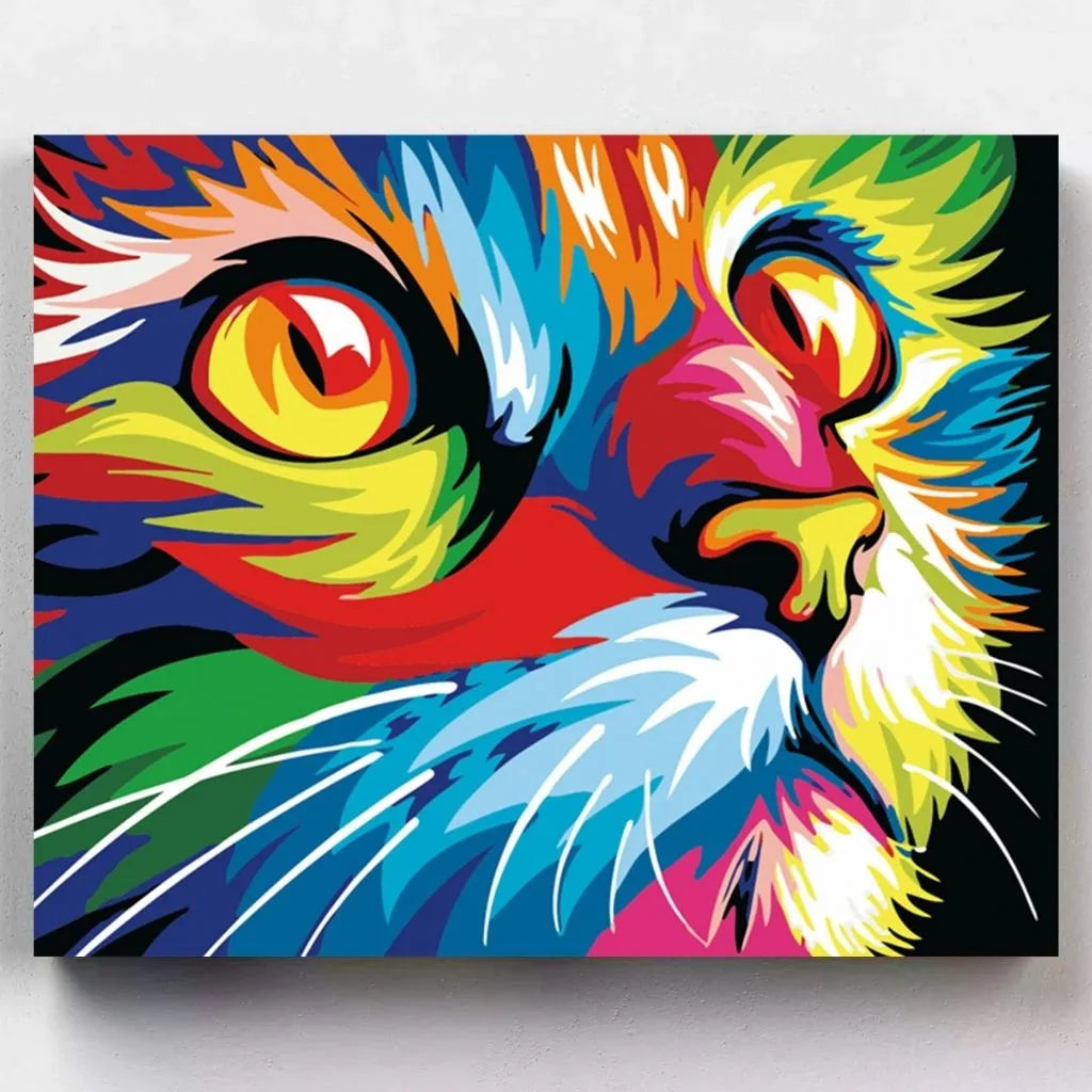 DIY Malen nach Zahlen – Bunte Pop Art Katze mit leuchtenden Farben auf Leinwand malen – stylisches Tiermotiv für kreative Katzenfans – nur bei Artyroom.shop