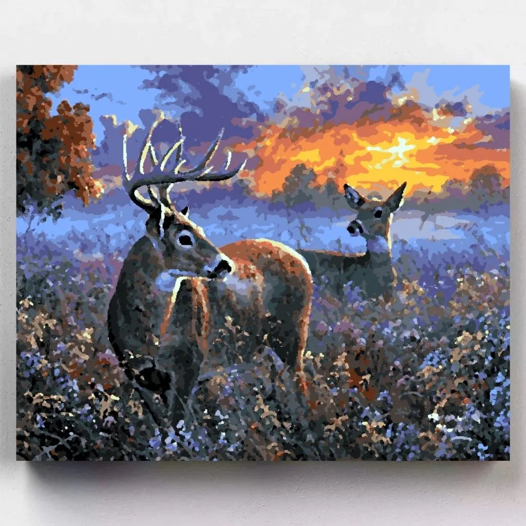 DIY Malen nach Zahlen – Rehpaar im Sonnenaufgang auf Leinwand malen – friedliche Natur & romantische Morgenstimmung – nur bei Artyroom.shop