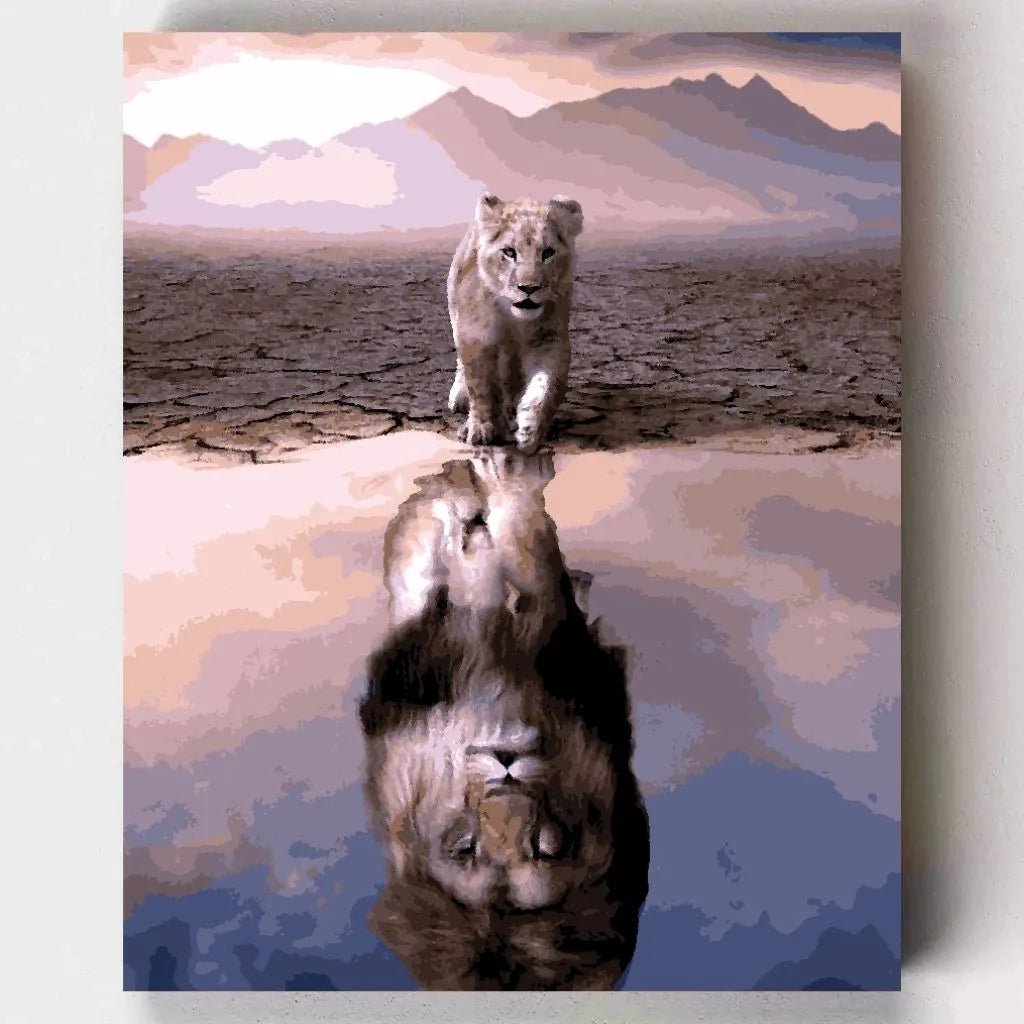 DIY Malen nach Zahlen – Löwin mit Spiegelung als majestätischer Löwe auf Leinwand malen – Sinnbild für Stärke & Selbstvertrauen – nur bei Artyroom.shop