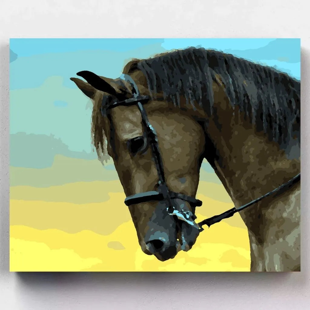 DIY Malen nach Zahlen – Pferd mit sanftem Blick vor Sonnenuntergang auf Leinwand malen – beruhigendes Motiv für Pferdefans & Naturfreunde – nur bei Artyroom.shop