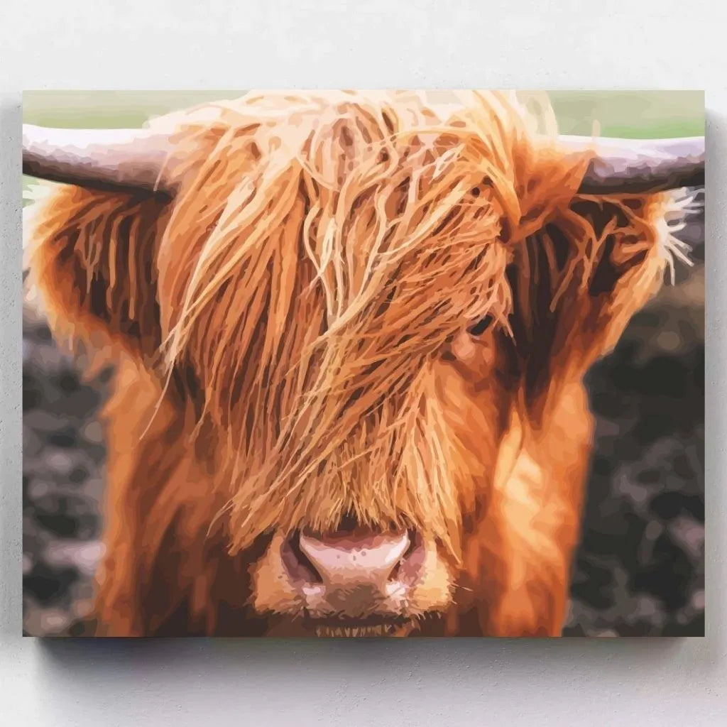 DIY Malen nach Zahlen – Schottisches Hochlandrind mit zotteligem Fell & Hörnern auf Leinwand malen – für Naturfreunde & kreative Ruhe – Artyroom.shop