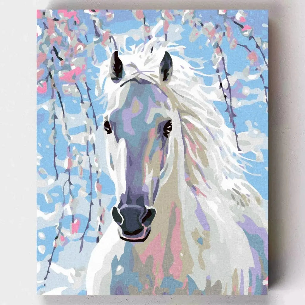 DIY Malen nach Zahlen – Weisses Pferd unter rosa Kirschblüten auf Leinwand malen – harmonisch & ausdrucksstark – Artyroom.shop