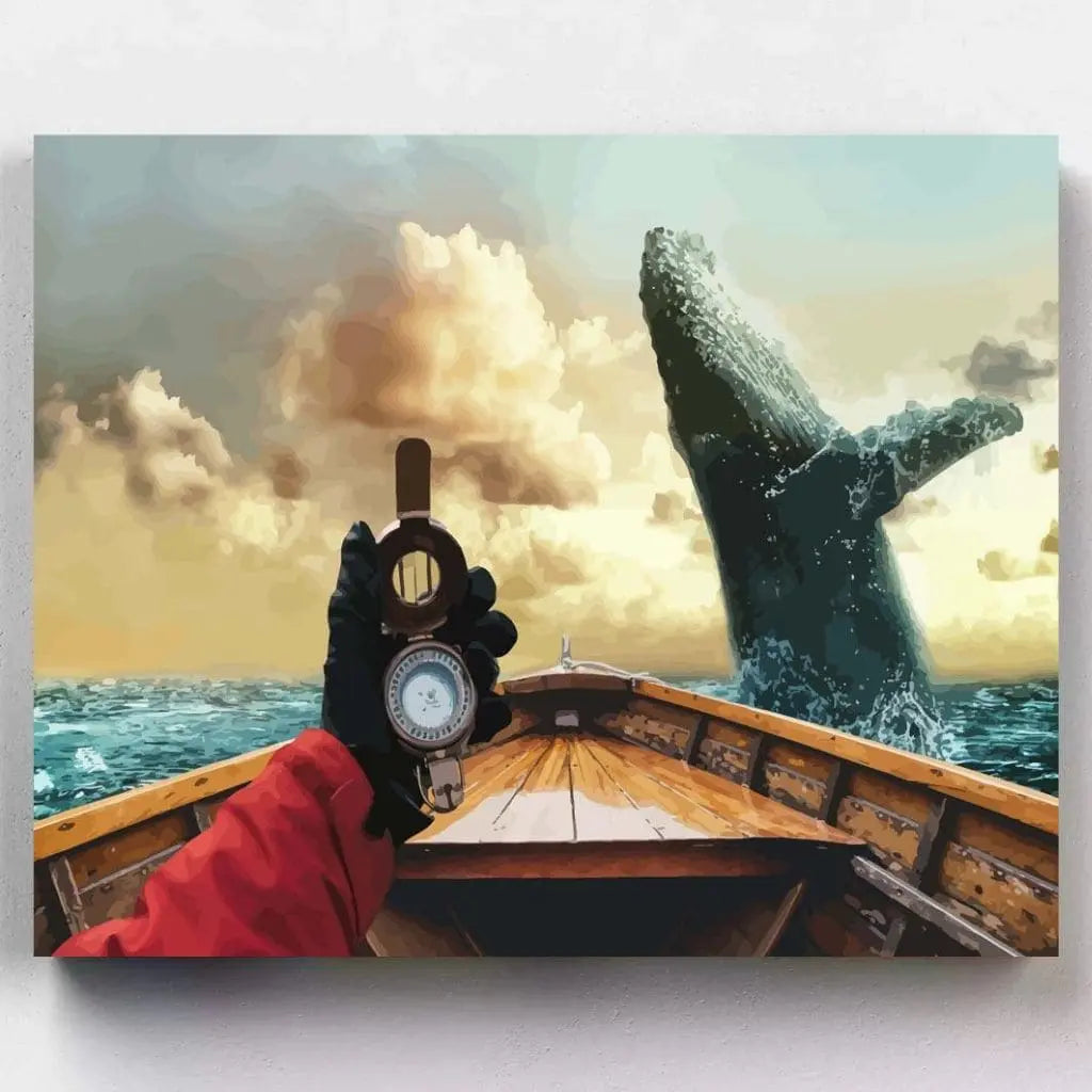DIY Malen nach Zahlen – Majestätischer Wal beim Sprung vor Boot im Ozean auf Leinwand malen – Abenteuer & Achtsamkeit für Entdecker – Artyroom.shop