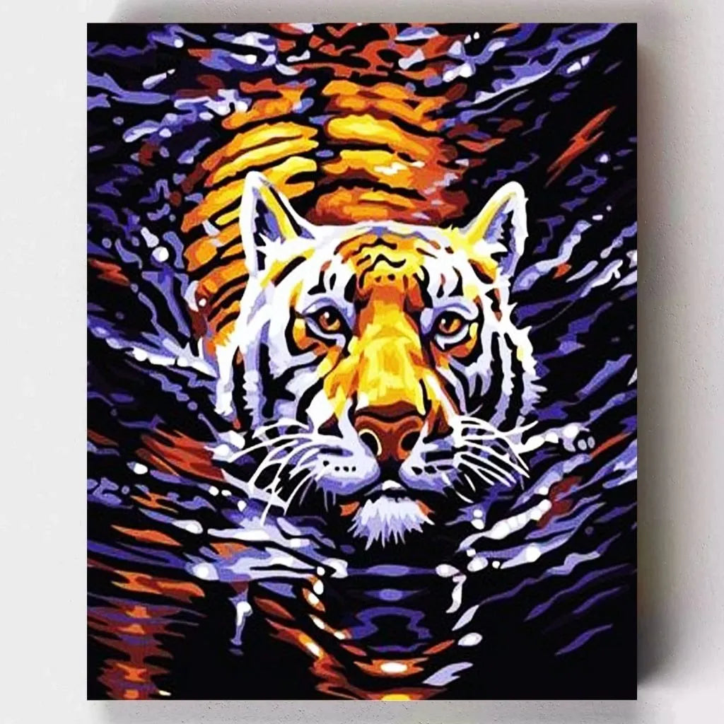DIY Malen nach Zahlen – Kraftvoller Tiger im Wasser auf Leinwand malen – Energie, Fokus & Entspannung – Artyroom.shop