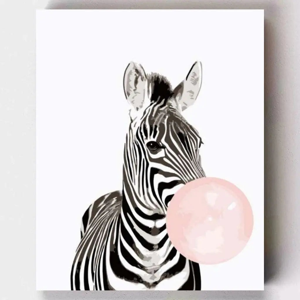DIY Malen nach Zahlen – Lustiges Zebra mit rosa Kaugummiblase auf Leinwand malen – fröhlich & kreativ – Artyroom.shop