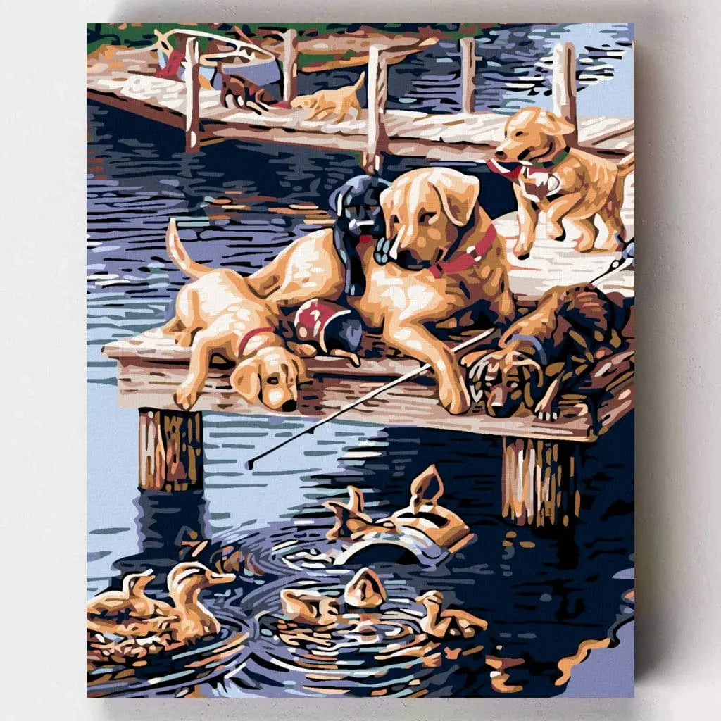 DIY Malen nach Zahlen – Verspielte Hundewelpen am See auf Leinwand malen – für Tierfreunde & kreative Entspannung – Artyroom.shop