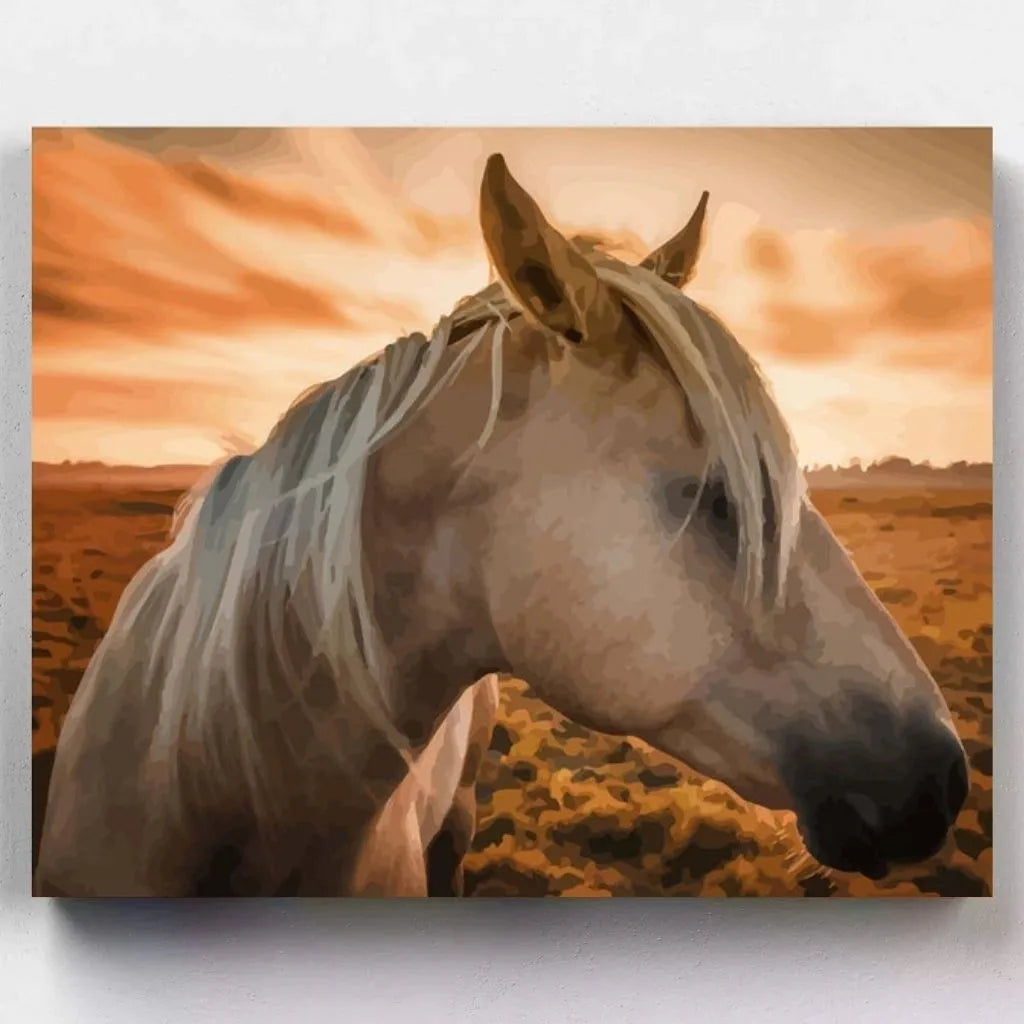 DIY Malen nach Zahlen – Pferd bei Sonnenuntergang in goldener Abendstimmung auf Leinwand malen – für Naturfreunde & kreative Achtsamkeit – Artyroom.shop
