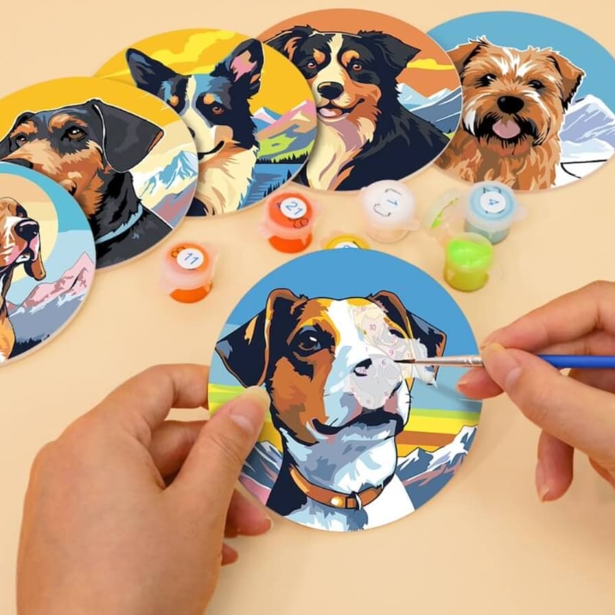 DIY Malen nach Zahlen – Süsse Hunde-Portraits auf Untersetzer malen mit Acrylfarben, Anleitung & Pinsel – kreative Tischdeko für Hundefans – nur bei Artyroom.shop