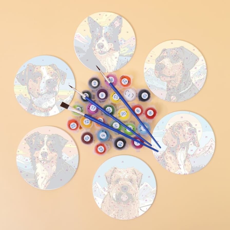 DIY Malen nach Zahlen – Süsse Hunde-Portraits auf Untersetzer malen mit Acrylfarben, Anleitung & Pinsel – kreative Tischdeko für Hundefans – nur bei Artyroom.shop