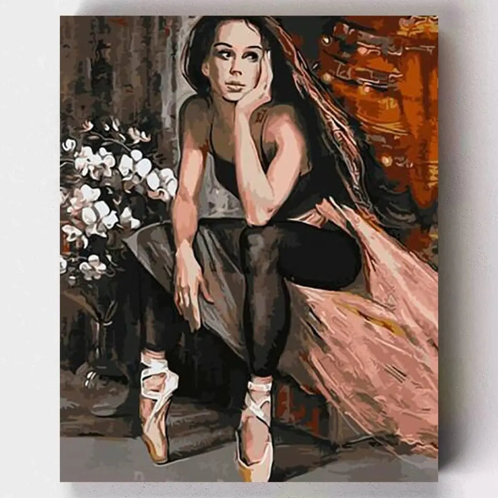 DIY Malen nach Zahlen – Verträumte Ballerina mit nachdenklichem Blick auf Leinwand malen – zarte Pose, ruhige Atmosphäre & kreative Eleganz – nur bei Artyroom.shop