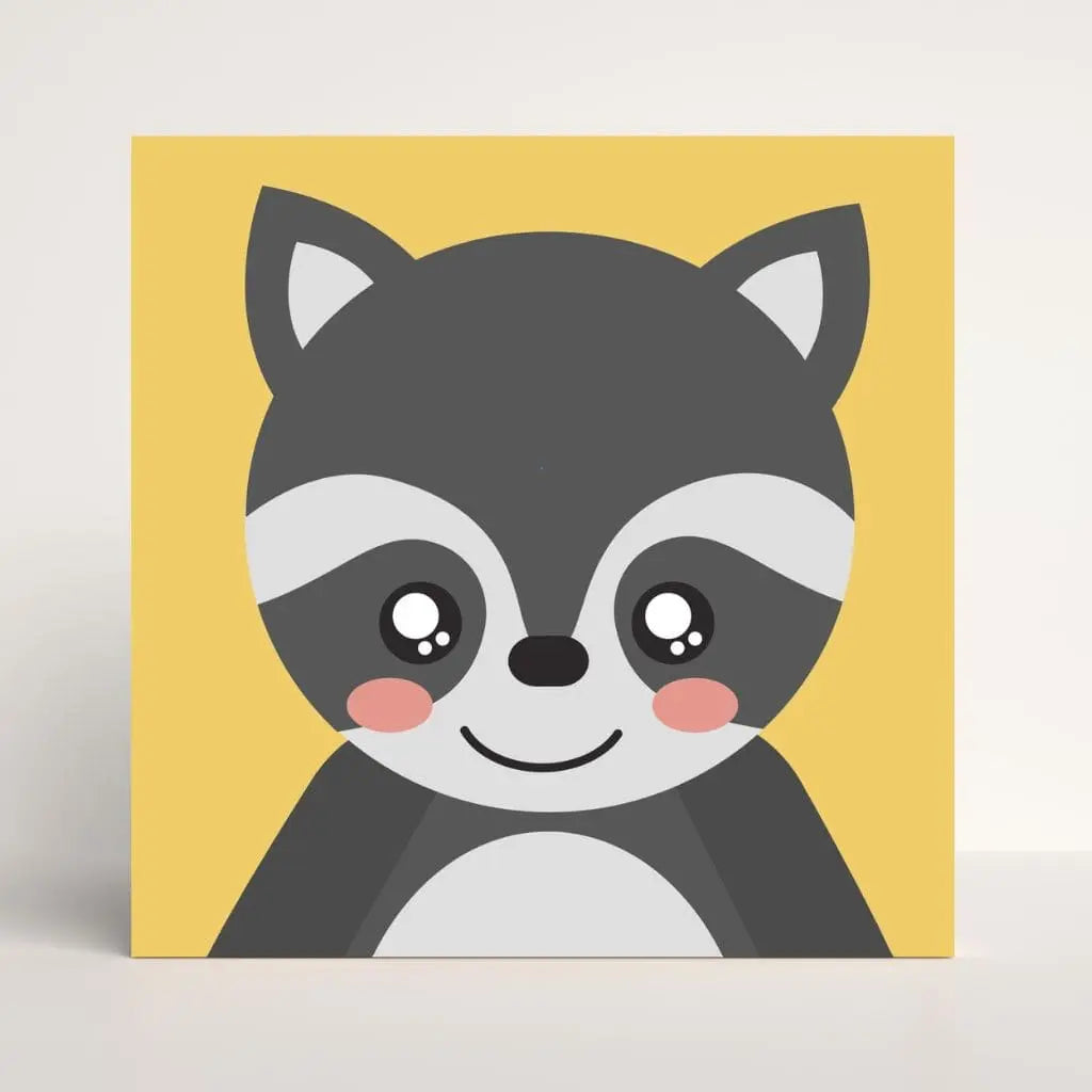 DIY Malen nach Zahlen – Niedlicher Waschbär mit rosigen Bäckchen auf gelbem Hintergrund – fröhliches Tiermotiv für Kinder – nur bei Artyroom.shop