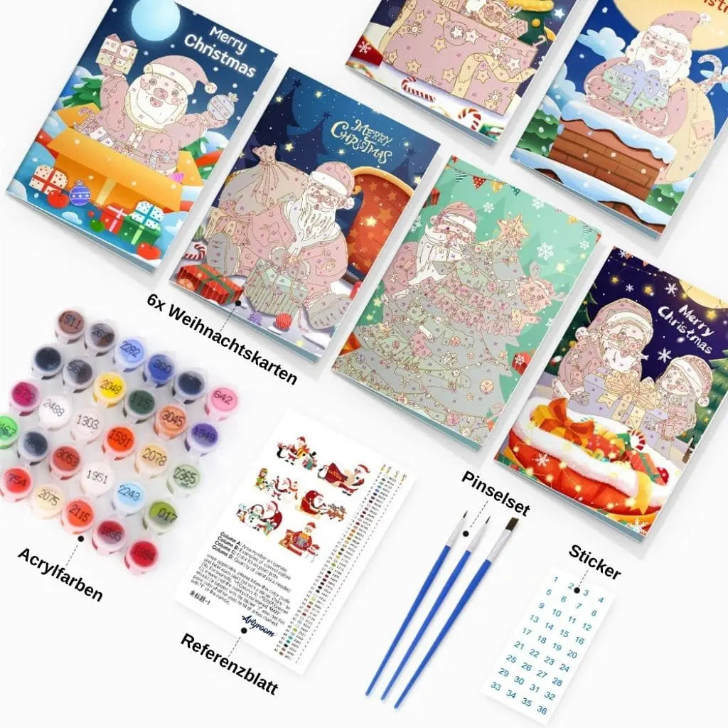 DIY Malen nach Zahlen Set – Weihnachtskarten mit Tannenbaum, Geschenken & Santa auf hochwertigem Papier gestalten – kreative Grüsse selber malen – nur bei Artyroom.shop