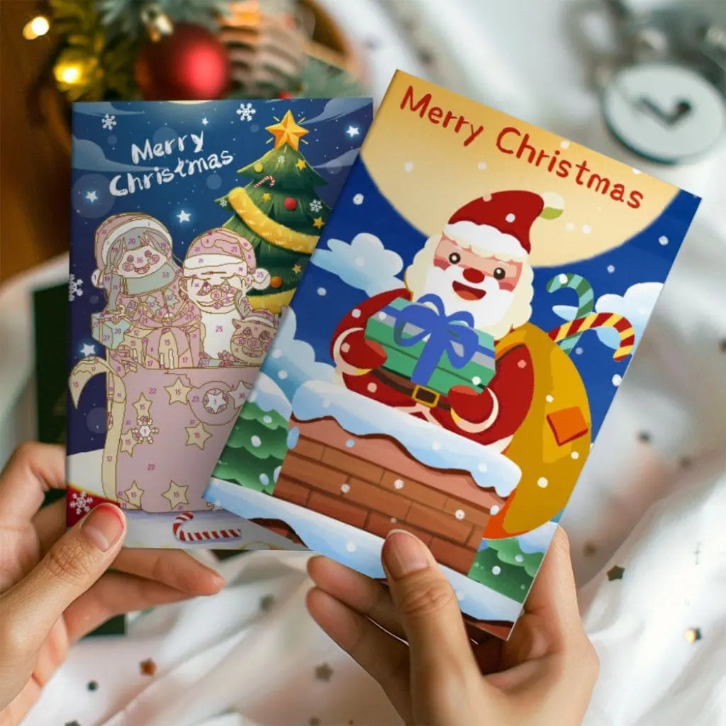 DIY Malen nach Zahlen – Weihnachtskarten mit Tannenbaum, Geschenken & Santa auf hochwertigem Papier gestalten – kreative Grüsse selber malen – nur bei Artyroom.shop