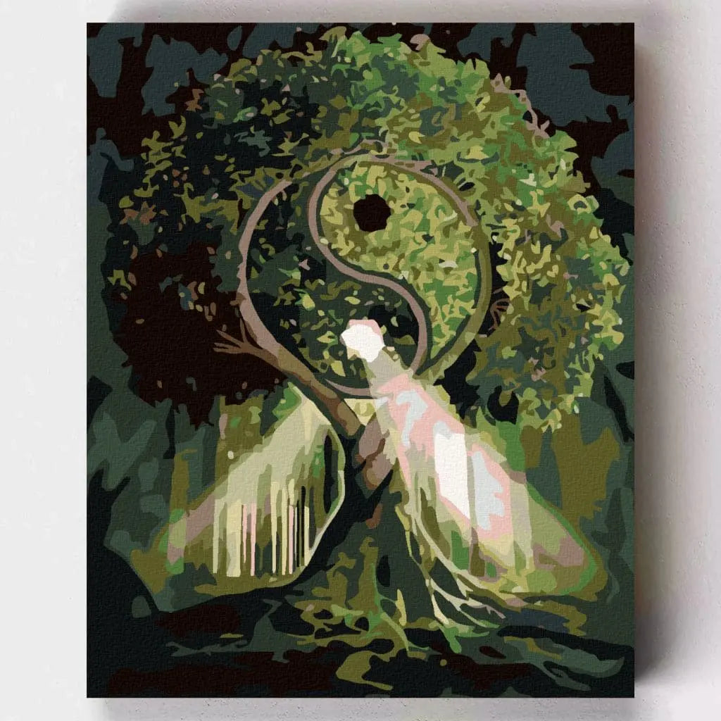 Malen nach Zahlen – Yin-Yang Baum mit spirituellem Naturmotiv in Grüntönen – erhältlich auf Artyroom.shop