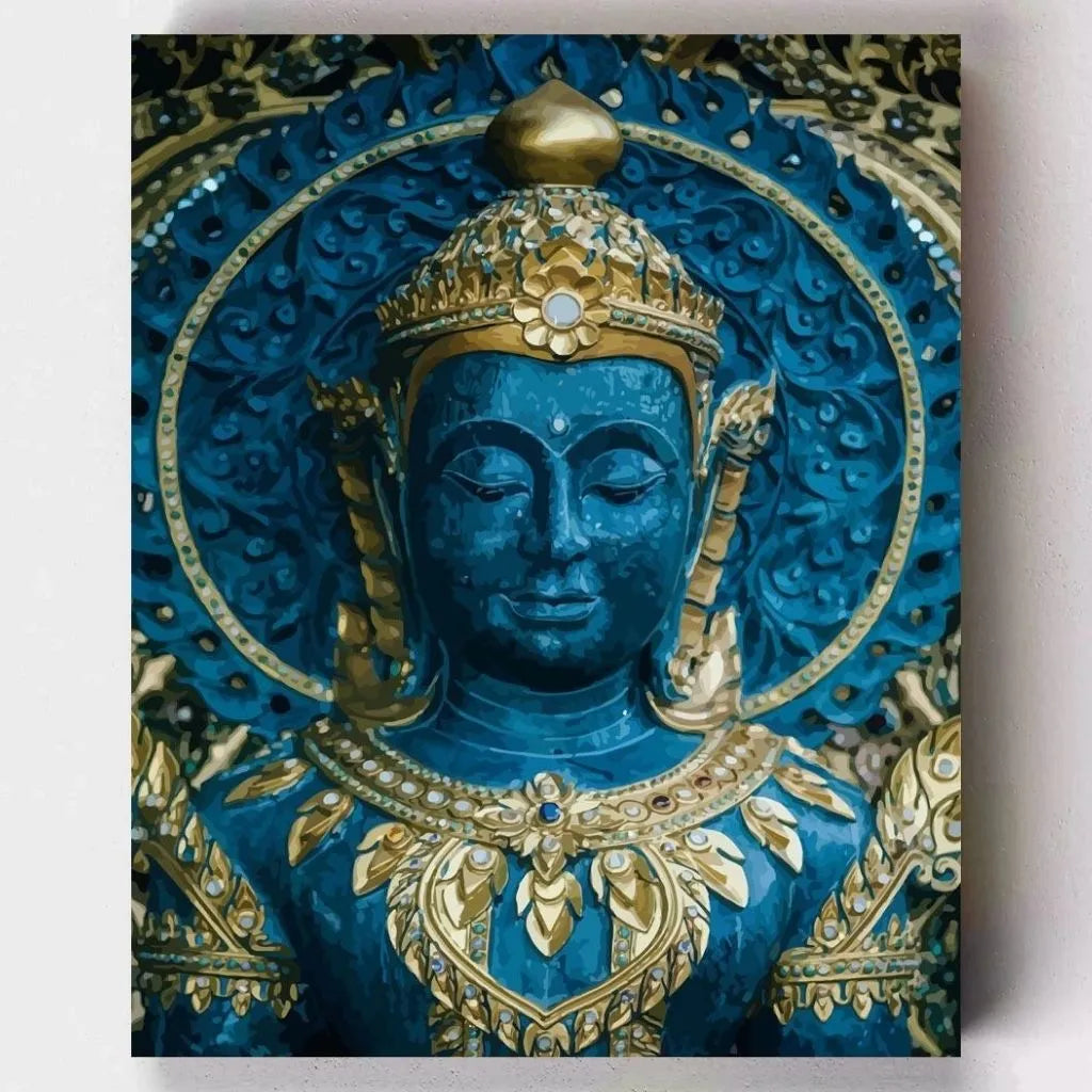 DIY Malen nach Zahlen – Blauer Buddha im thailändischen Tempel auf Leinwand malen – spirituelle Kunst & meditative Ruhe – exklusiv bei Artyroom.shop