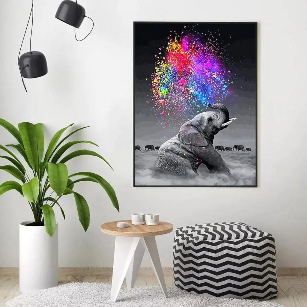 DIY Malen nach Zahlen im Wohnzimmer – Elefant in Schwarz-Weiß mit bunter Farbexplosion kreativ gestalten – für Tierfreunde & meditative Malmomente – nur bei Artyroom.shop